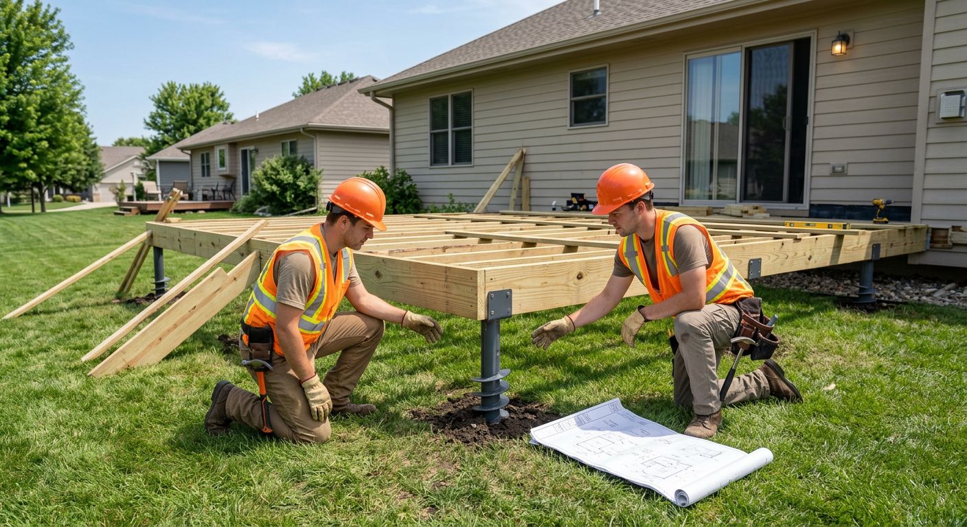 Helical steel piers installed at foundation points beneath a partially built wooden deck frame in a Nebraska backyard, with a contractor in safety gear reviewing construction plans during daylight.