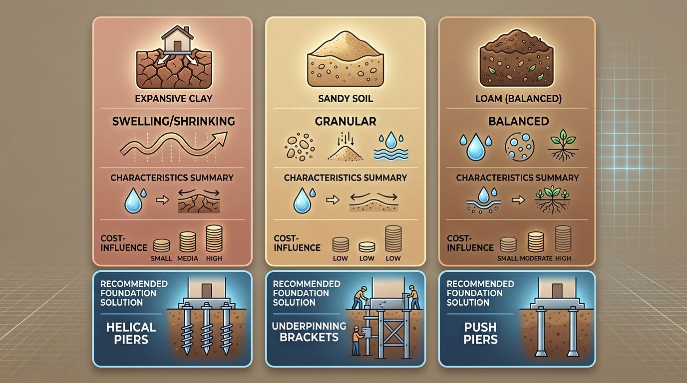 Three-column comparison infographic showing Denver soil types clay, sand, and loam with characteristics, cost influence indicators, and recommended foundation repair solutions.