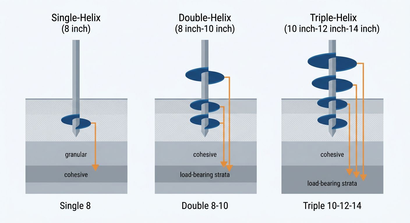 Horizontal infographic comparing single-helix, double-helix, and triple-helical pile configurations with soil profiles and arrows indicating load-bearing strata