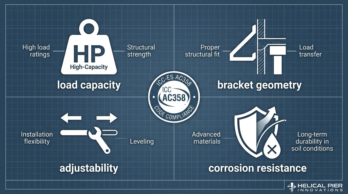 Four-factor infographic for selection of underpinning brackets for high-capacity hydraulic push piers, featuring icons for load capacity, geometry, adjustability, and corrosion resistance on a blue-gray technical blueprint background.