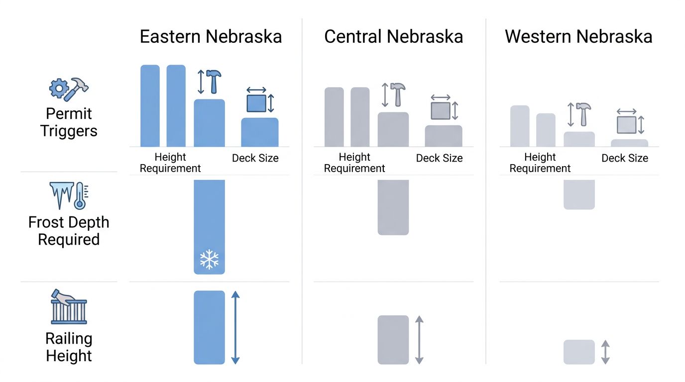 Color-coded comparison chart of deck permit rules across Eastern, Central, and Western Nebraska regions, showing permit triggers, frost depth, and railing height.