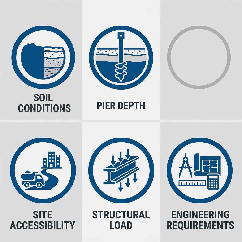 Infographic with five circular icon badges in a two-by-three grid representing foundation underpinning cost factors: soil conditions, pier depth, site accessibility, structural load, and engineering requirements for Helical Technology education.