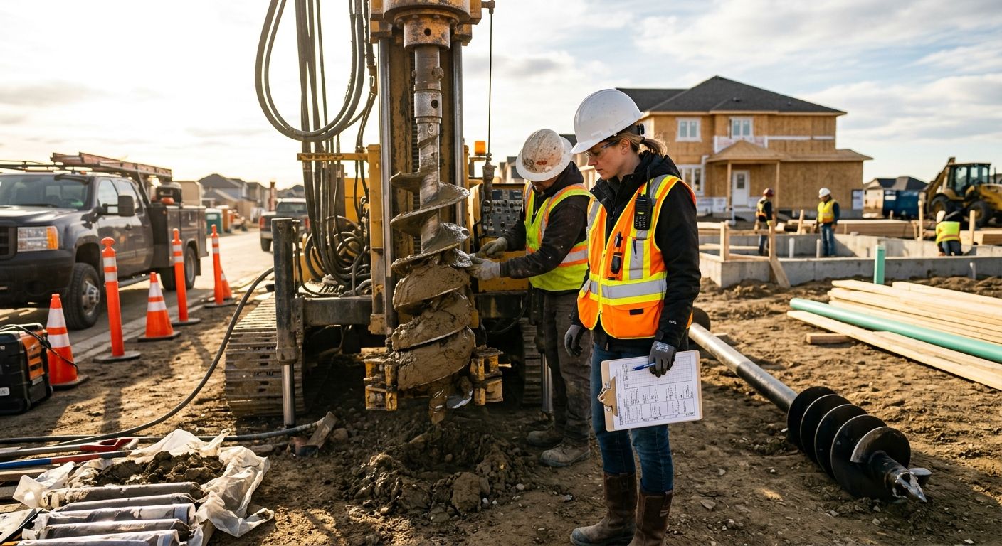 Geotechnical engineer in hi-vis vest and hard hat next to soil boring rig with auger extracting samples, helical pier on ground, residential construction site under bright daylight.