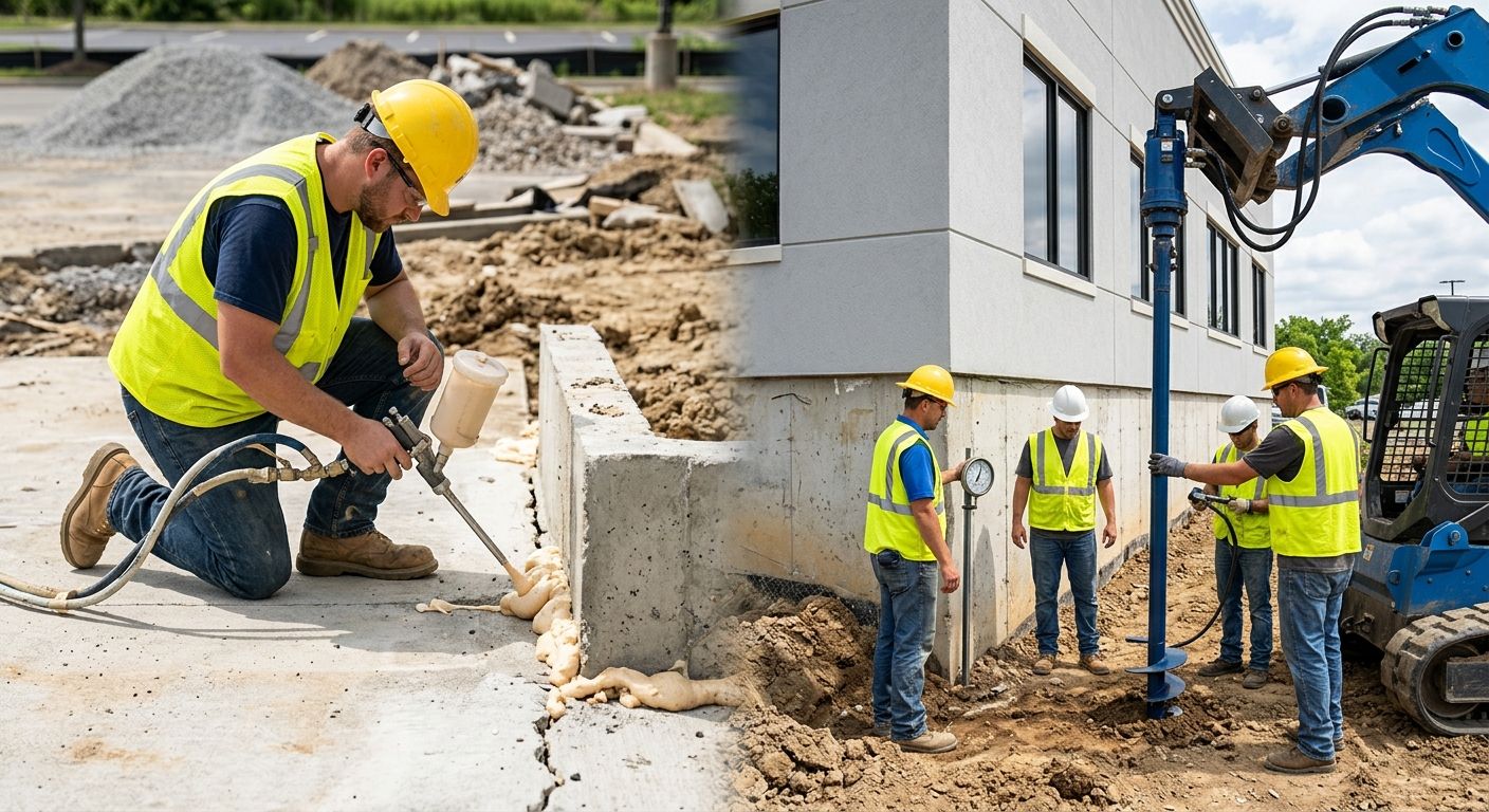 Professional photograph contrasting polyurethane foam injection and steel piers foundation repair methods at a construction site.