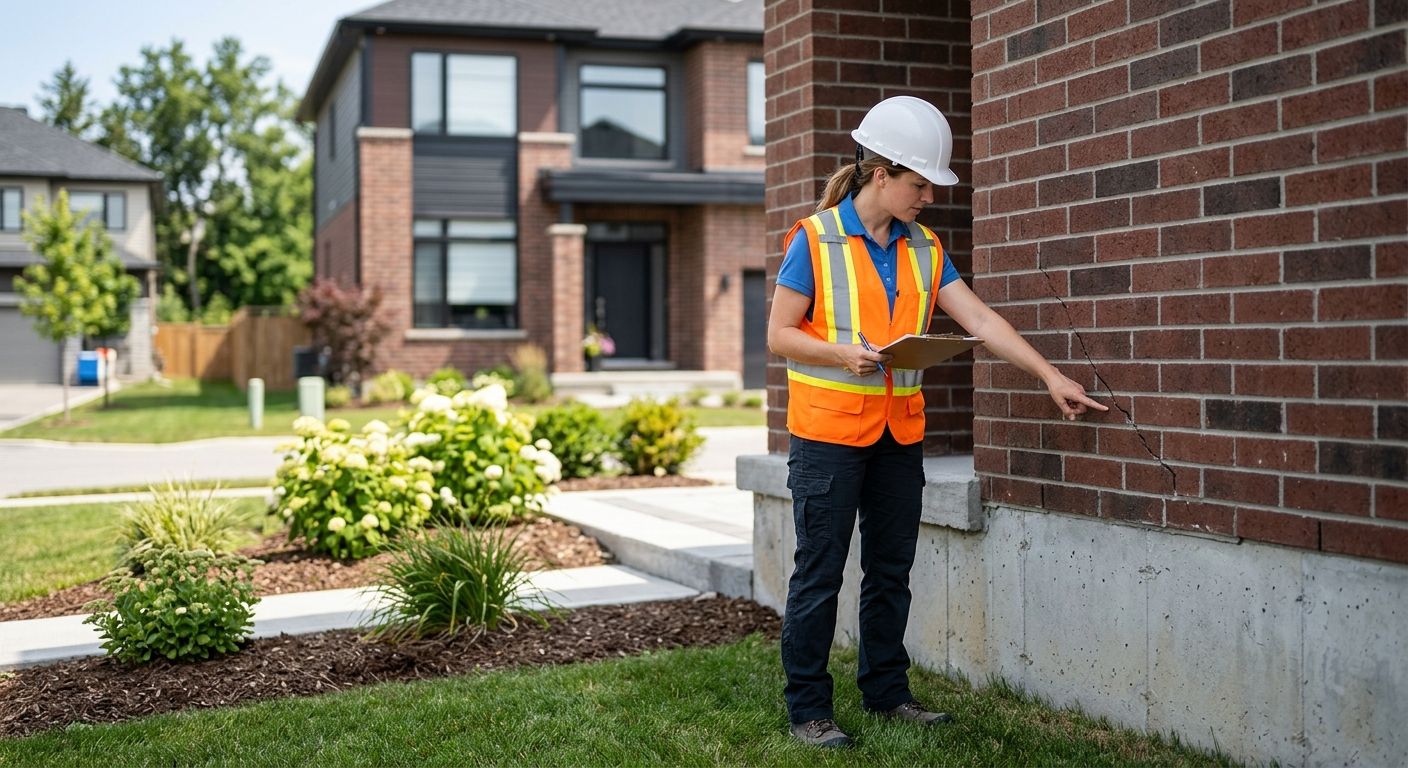 A newly constructed two-story home with a landscaped front yard. A structural engineer in a hard hat and safety vest points at a diagonal crack in the brick veneer, emphasizing early detection of foundation settlement.