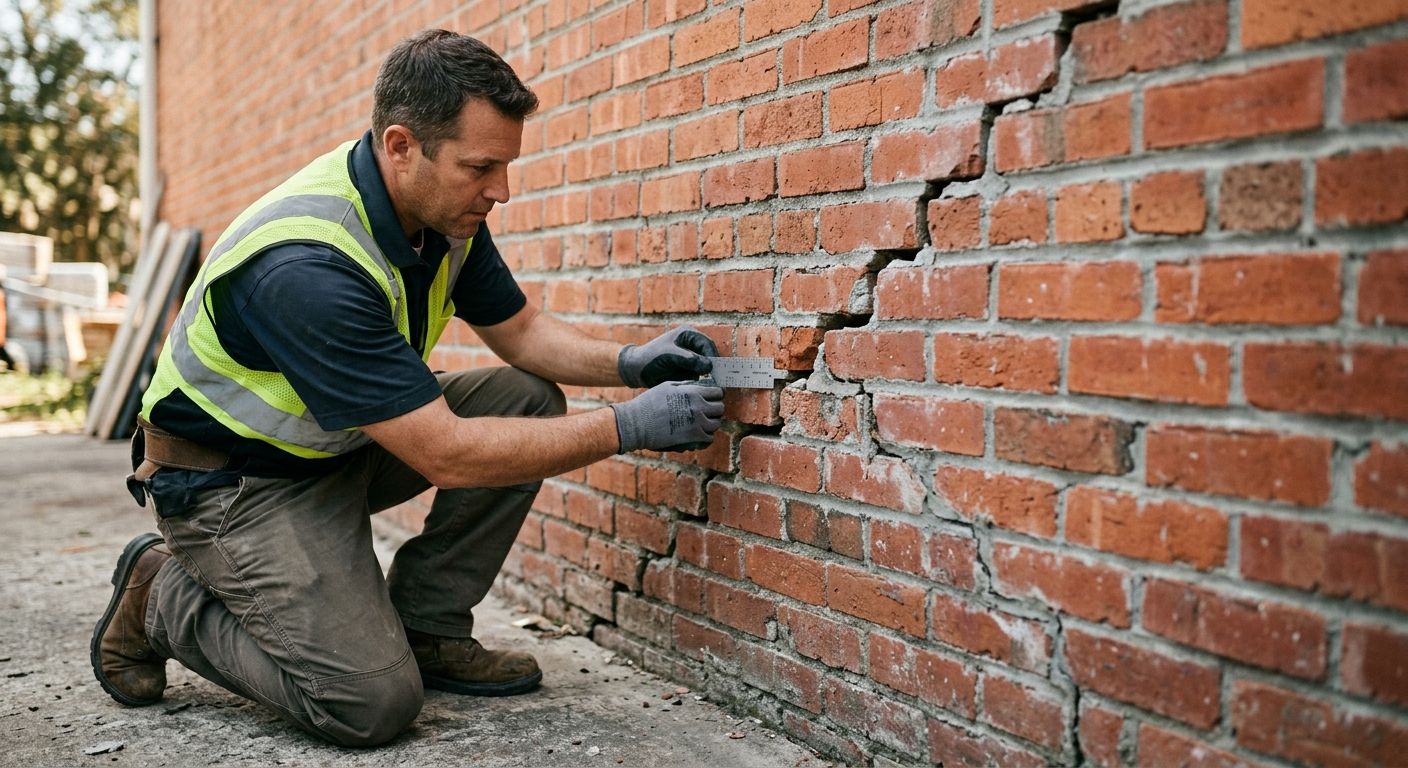 A foundation contractor in work gear kneels beside a brick wall, measuring a stair-step crack with a width gauge in natural daylight, conveying expert structural inspection.