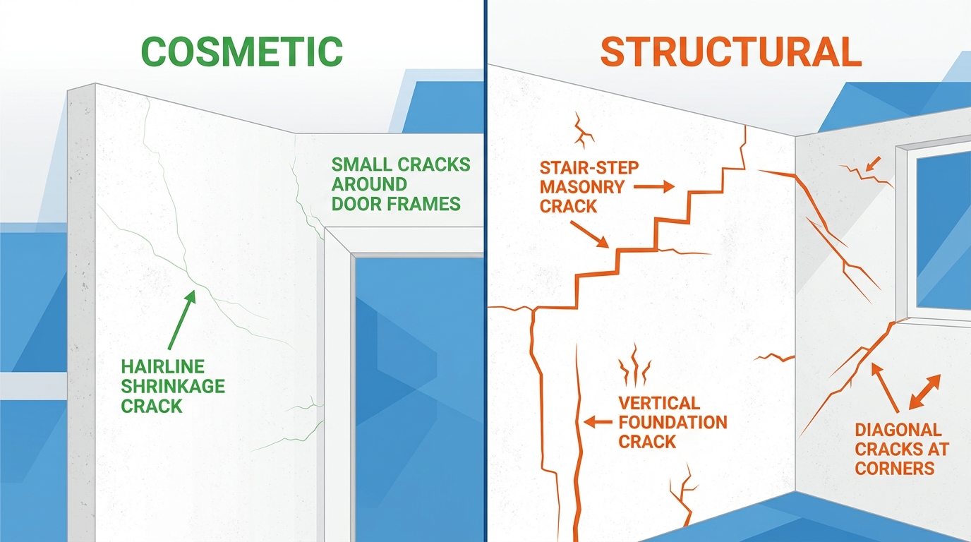 Infographic comparing cosmetic and structural settlement cracks in drywall and masonry