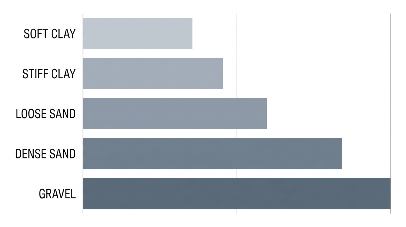 Infographic comparing five soil types (soft clay, stiff clay, loose sand, dense sand, gravel) with color-coded horizontal bars of varying length representing relative bearing capacity.