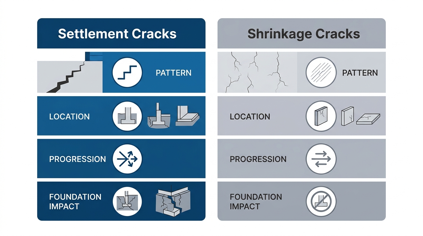 Side-by-side infographic comparing foundation settlement cracks and shrinkage cracks with visual icons for pattern, location, progression, and foundation impact, using blue and gray color scheme.