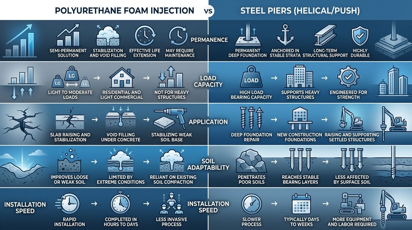 Side-by-side comparison infographic showing differences between polyurethane foam injection and steel piering methods for foundation repair.