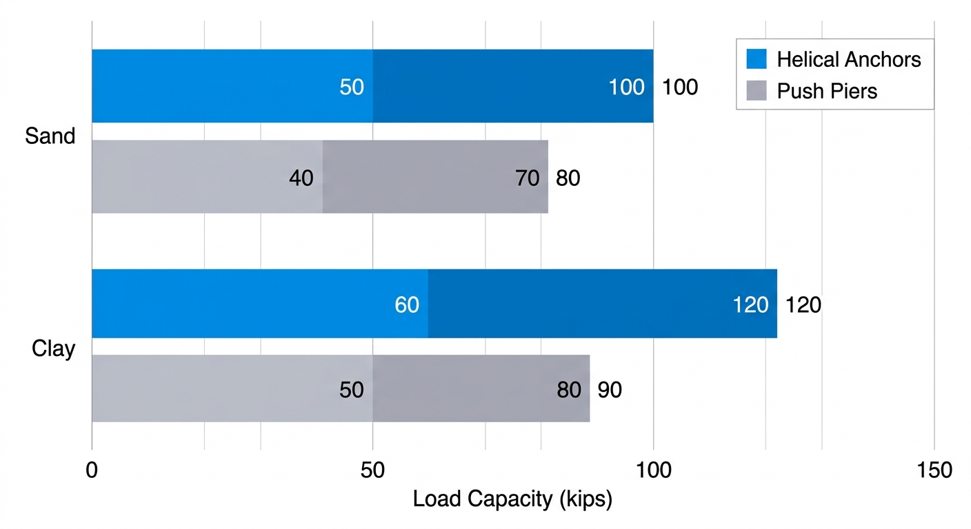 Horizontal bar chart comparing load capacities in kips for helical anchors and push piers across sand and clay soils